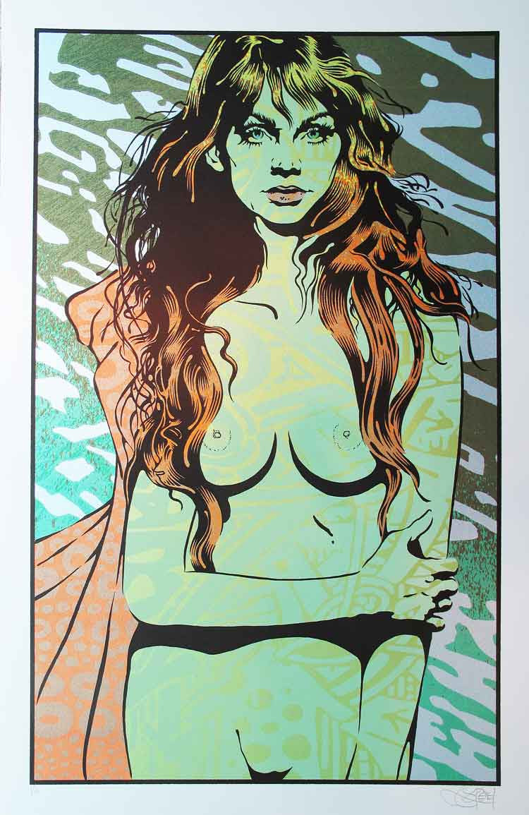 A woman with long hair is depicted using stylized colors and patterns inspired by Chuck Sperrys Psyche. The design showcases green, gold, and orange hues on silver metallic paper, featuring abstract backgrounds with intricate details.
