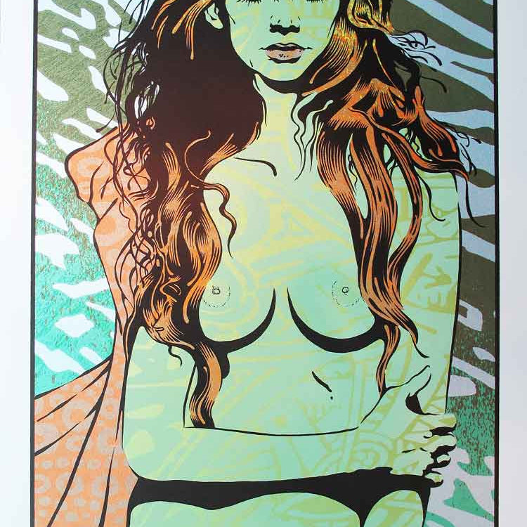 A woman with long hair is depicted using stylized colors and patterns inspired by Chuck Sperrys Psyche. The design showcases green, gold, and orange hues on silver metallic paper, featuring abstract backgrounds with intricate details.