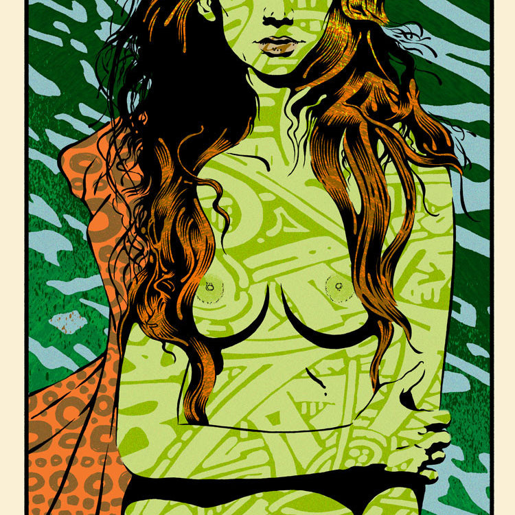 Illustration of a woman with long hair and green-orange patterned designs on her skin, set against a green and blue abstract background. It channels Chuck Sperrys signature style, reminiscent of his dynamic retrospective prints.