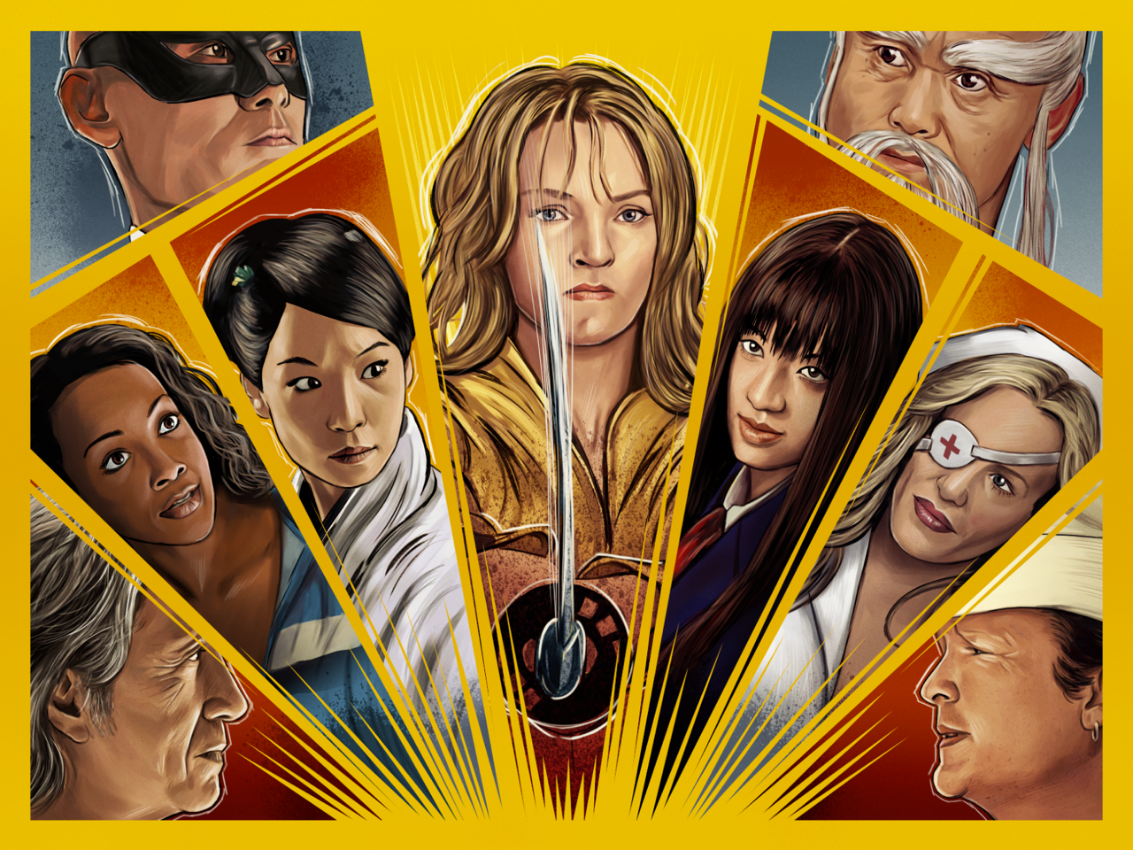 Sam Gilbeys fine art giclee features a martial arts film collage. Central to the piece is a yellow tracksuit-clad figure with a sword, surrounded by masked fighters and an eyepatch-wearing character, set against a vibrant yellow burst.