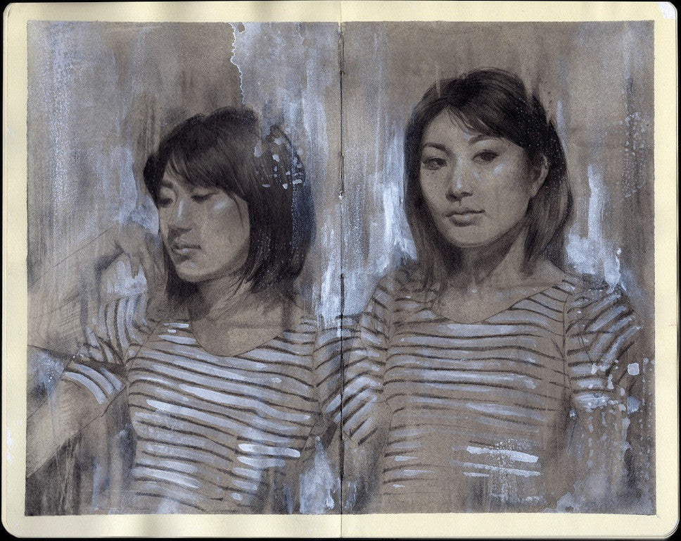 Patrick Mathews presents a monochromatic graphite ink gouache sketch of Lauren in Stripes, displayed twice on textured dual pages: first gazing downward thoughtfully, then directly at the viewer.