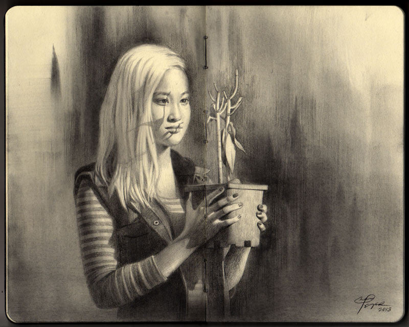 A woman with long hair holds a small potted plant with bare branches, symbolizing remembrance. Wearing a striped shirt and vest, she is depicted in graphite on Moleskine by Peter Chan, featuring a soft shadowy background that highlights intricate shading and textures.