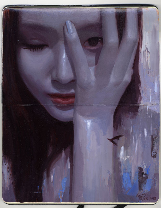 A painting depicts a woman with one eye covered and the other closed, featuring red lips contrasting muted colors. This abstract work by Peter Chan is skillfully crafted on Moleskine.