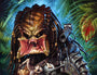 In a vibrant Jason Edmiston-inspired acrylic painting, a reptilian alien hunter with a toothy grin wears intricate armor and high-tech weapons. The lush green jungle backdrop features large leaves and subtle hints of blood spatter.