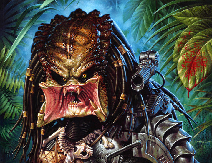 In a vibrant Jason Edmiston-inspired acrylic painting, a reptilian alien hunter with a toothy grin wears intricate armor and high-tech weapons. The lush green jungle backdrop features large leaves and subtle hints of blood spatter.