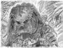A detailed graphite sketch features an alien Hunter with a textured, armored face and dreadlock-like appendages, adorned in tribal jewelry and equipped with high-tech gear. The figure is set in dense jungle foliage, showcasing Jason Edmistons dynamic style.