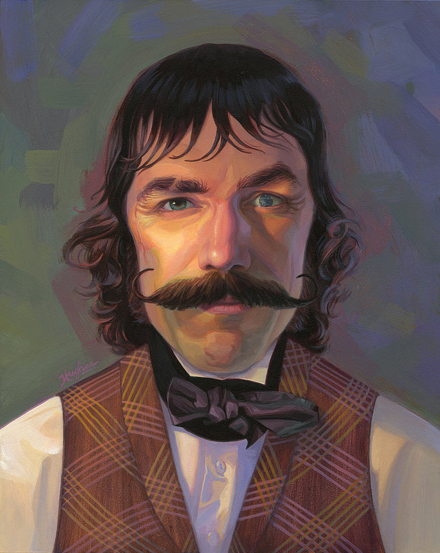 A portrait of a man with long dark hair, a distinctive mustache, and blue eyes wearing a plaid vest, white shirt, and black bow tie. Inspired by William Cutting in the Scorsese tribute from Primary Hughes, the background showcases abstract brushstrokes in various colors.