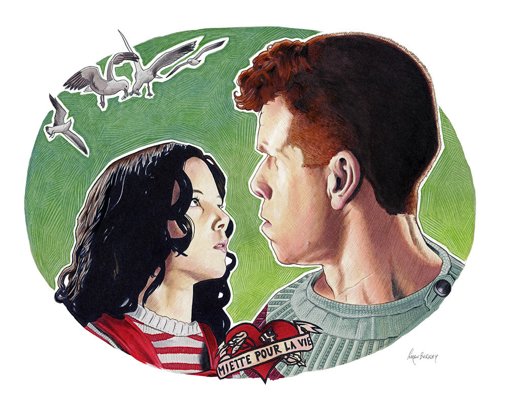This Ryan Berkley limited edition archival pigment print depicts a man and woman gazing at each other against a green background, with birds overhead. A banner below reads Miette Pour La Vie, showcasing Berkleys signature style.