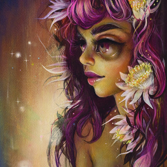 A fantasy portrait by Tatiana Suarez depicts the Queen of the Night with vibrant purple and pink hair adorned with white flowers. Her profile shows large, expressive eyes and full lips against a warm background with star-like sparkles, enhancing the dreamlike atmosphere.