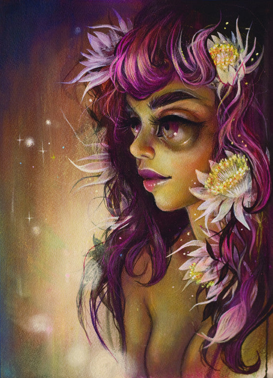 A fantasy portrait by Tatiana Suarez depicts the Queen of the Night with vibrant purple and pink hair adorned with white flowers. Her profile shows large, expressive eyes and full lips against a warm background with star-like sparkles, enhancing the dreamlike atmosphere.