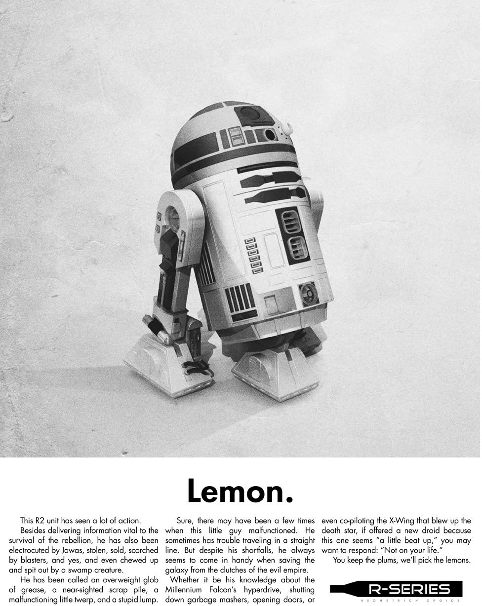 This black and white screen print by Justin Van Genderen features Lemon, an R2-D2 style droid. It humorously showcases Lemons history and quirks, highlighting its malfunctions. The droid stands on a worn white surface, exuding charm and comes with a Certificate of Authenticity.