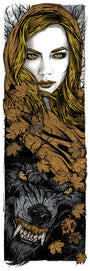 Illustration by Rhys Cooper featuring a long-haired woman in a hood surrounded by leaves and a fierce wolf below, nodding to Red Hood with a browns, golds, and blacks palette for an intense mystical atmosphere akin to limited edition screen prints.