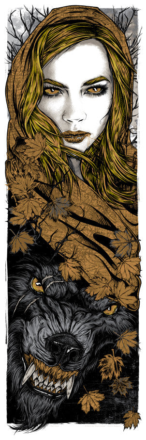Illustration by Rhys Cooper featuring a long-haired woman in a hood surrounded by leaves and a fierce wolf below, nodding to Red Hood with a browns, golds, and blacks palette for an intense mystical atmosphere akin to limited edition screen prints.