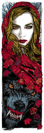 This limited edition of 125 screen prints by Rhys Cooper features a woman in a red hood with glowing eyes and blood on her mouth. Below, a fierce wolf with sharp teeth is surrounded by red leaves, creating a dark and haunting theme.