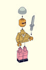 A LEGO figure assembly diagram includes a hat, serious face, tan suit torso, pink pants, and gray sword. Arrows guide the assembly order. Modeled in Matt Chases archival pigment print style.
