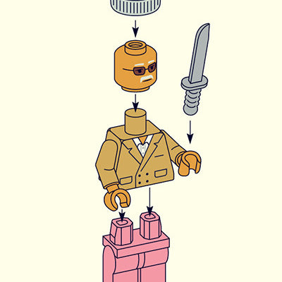 A LEGO figure assembly diagram includes a hat, serious face, tan suit torso, pink pants, and gray sword. Arrows guide the assembly order. Modeled in Matt Chases archival pigment print style.