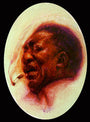 A vibrant Rafael Santiago painting of a person singing passionately with closed eyes, holding a cigarette in their mouth, full of emotion and intensity, is displayed at Spoke Art Gallery. The warm tones and soft gradient background enhance the portraits vividness.