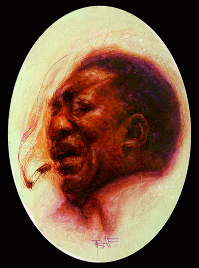 A vibrant Rafael Santiago painting of a person singing passionately with closed eyes, holding a cigarette in their mouth, full of emotion and intensity, is displayed at Spoke Art Gallery. The warm tones and soft gradient background enhance the portraits vividness.