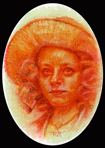 A young person with curly hair, adorned with a wide-brimmed hat, is illustrated using warm orange and red shades. The artwork by Rafael Santiago features textured pencil strokes on an elliptical background and evokes the style of a Spoke Art Gallery piece.