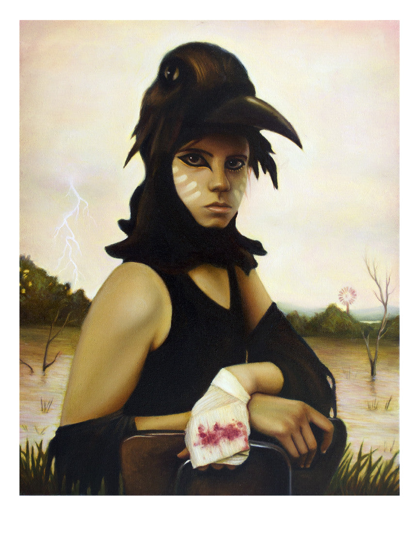 A person with a bird-like headdress sits seriously outdoors, white paint on cheeks and a bandaged hand. Lightning brightens the marshy background under cloudy skies, resembling evocative fine art giclee prints by Michael Ramstead.