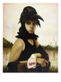 A person with a bird-like headdress sits seriously outdoors, white paint on cheeks and a bandaged hand. Lightning brightens the marshy background under cloudy skies, resembling evocative fine art giclee prints by Michael Ramstead.