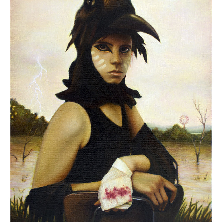 A person with a bird-like headdress sits seriously outdoors, white paint on cheeks and a bandaged hand. Lightning brightens the marshy background under cloudy skies, resembling evocative fine art giclee prints by Michael Ramstead.