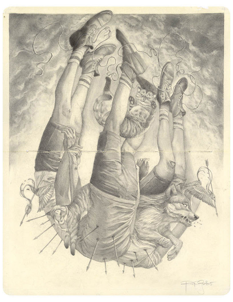 A striking custom-framed graphite and charcoal drawing by Randy Ortiz features three intertwined figures with animal heads—a tiger, fox, and owl—in shorts and sneakers. Surreal streams and arrows swirl around them in a dynamic scene.