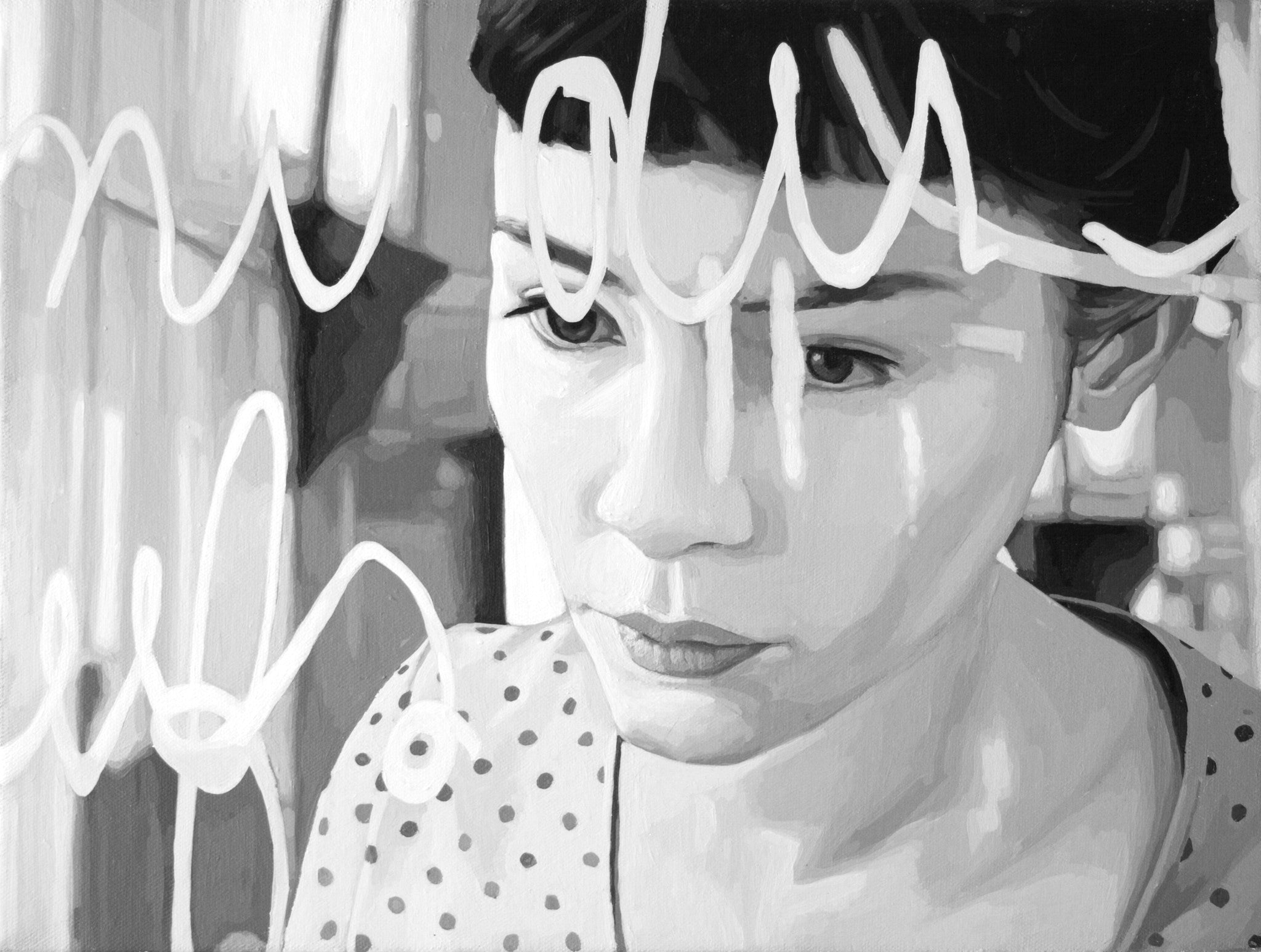 Rebecca Adams captivating black-and-white acrylic on canvas features a face viewed through a transparent layer with abstract script. The contemplative figure, wearing a polka dot top, engages viewers in reflecting on the days emotional and intellectual offerings.