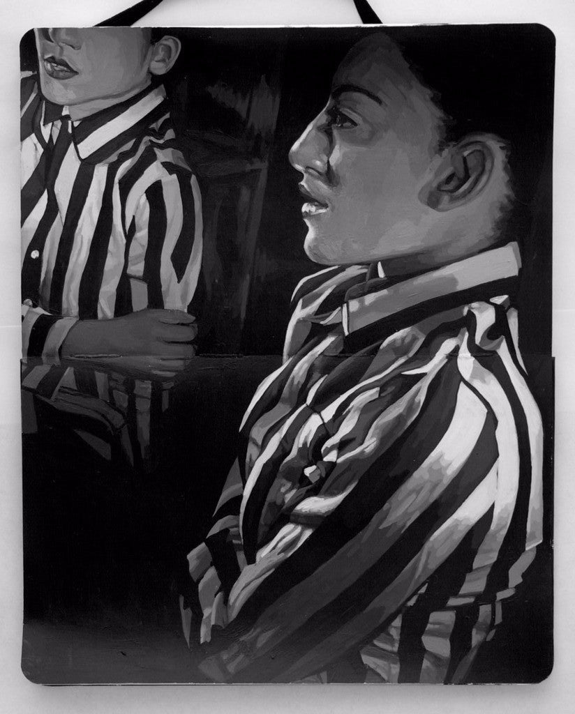 A black and white image shows two people in striped shirts, one in profile and the other partially visible, sitting with crossed arms. The reflective atmosphere emphasizes the contrasting patterns, reminiscent of Rebecca Adams artwork or a custom frame for a unique display.