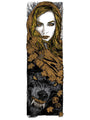 The limited edition artwork by Rhys Cooper features a woman with long hair in a hood, surrounded by autumn leaves, reminiscent of Red Hood. Below her, a fierce wolf with dark fur and sharp teeth snarls. The scene is brought to life through intricate screen print layers.