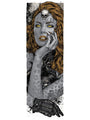 This Rhys Cooper-inspired screen print depicts a woman with gray skin, yellow eyes, vibrant orange hair, and a skull on her forehead. Her head rests on one gloved hand against a backdrop of abstract patterns.
