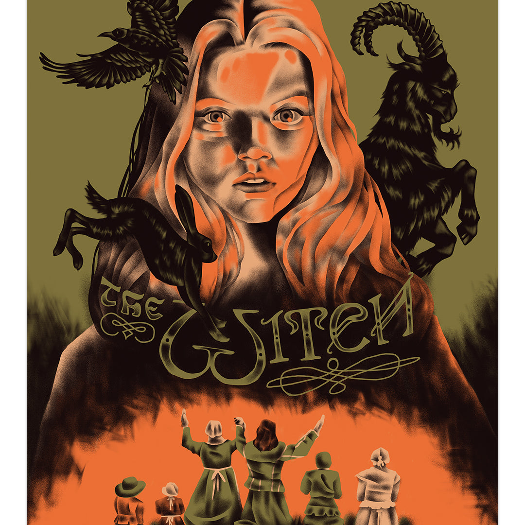 Ricardo Diseño's The Witch featuring woman's face in orange shades with crow on left, horned goat on right and pilgrims below