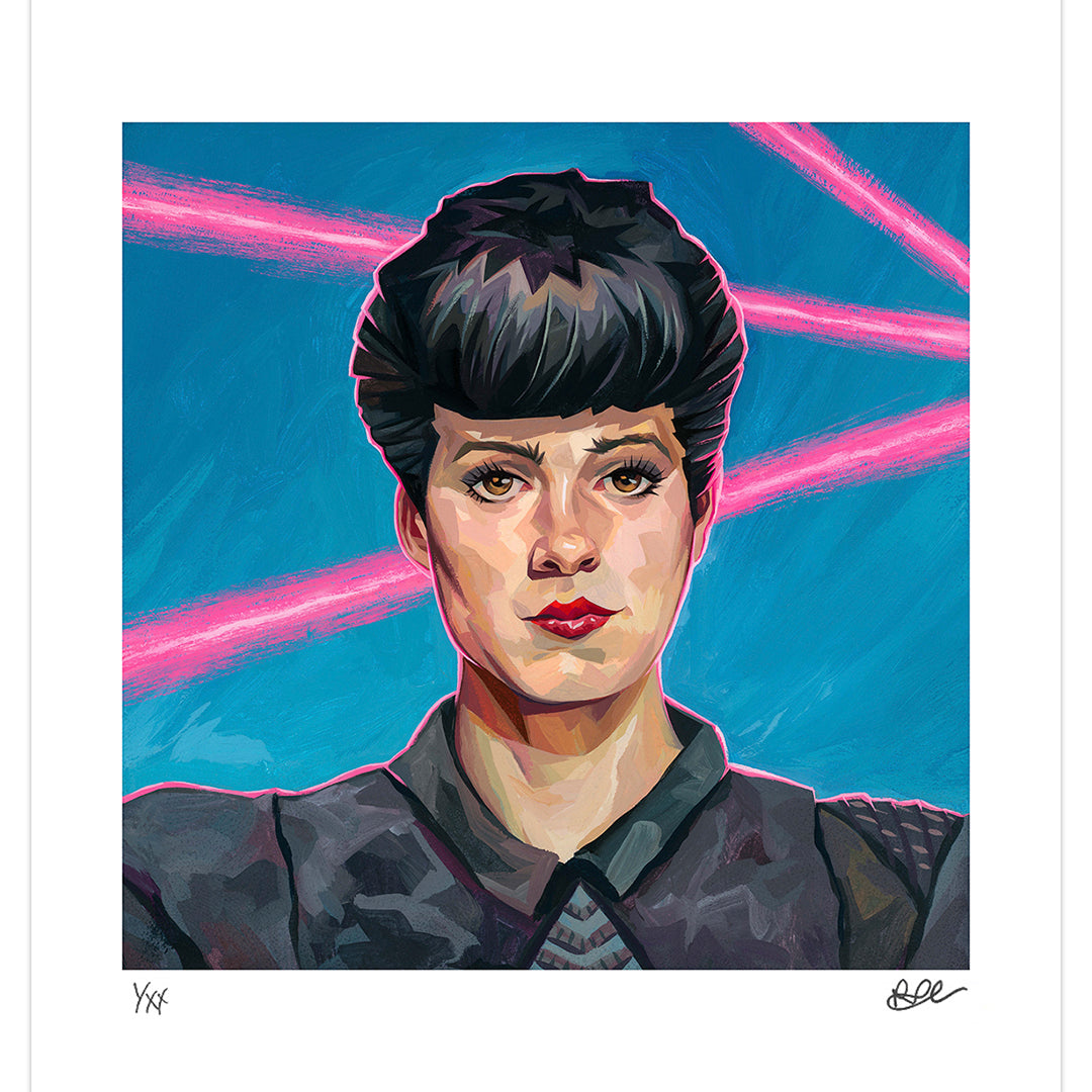 Rich Pellegrino portrait of Rachael from Blade Runner with light blue background and bright pink line accents
