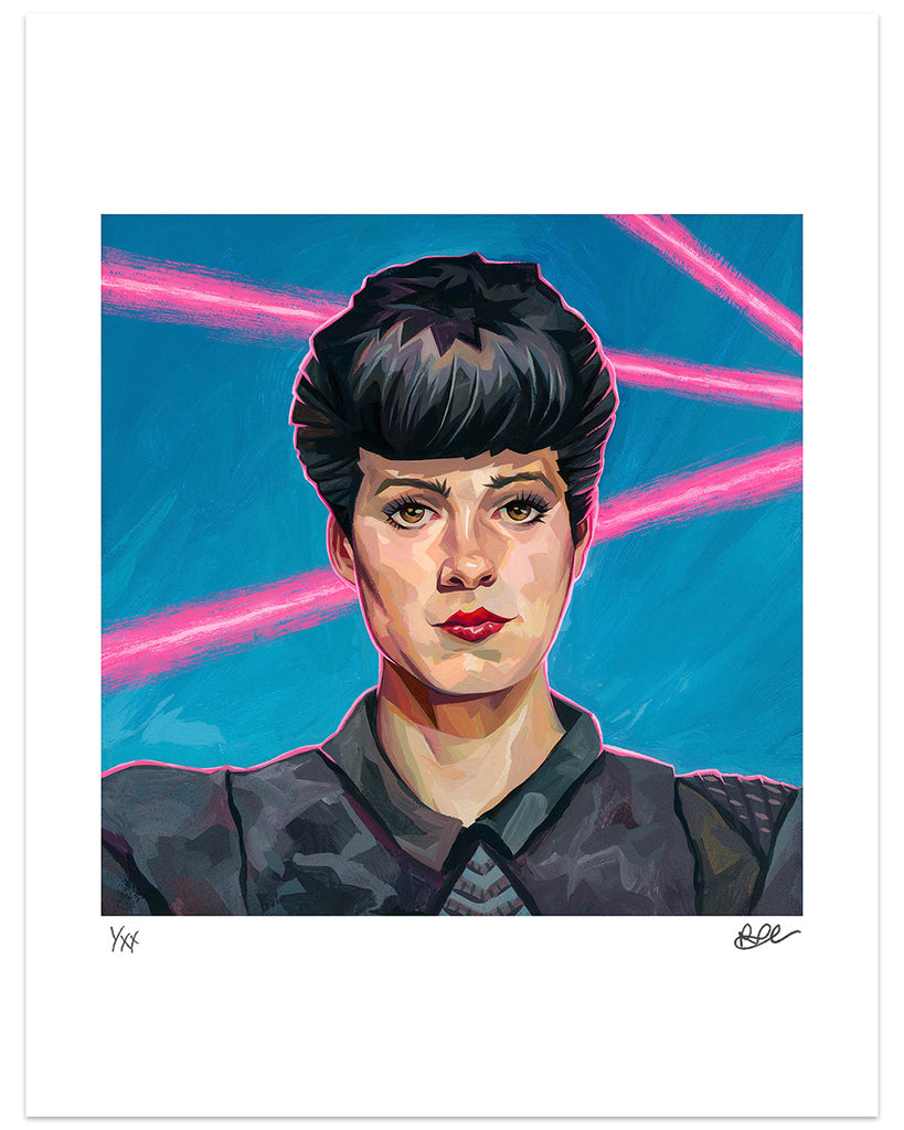 Rich Pellegrino portrait of Rachael from Blade Runner with light blue background and bright pink line accents
