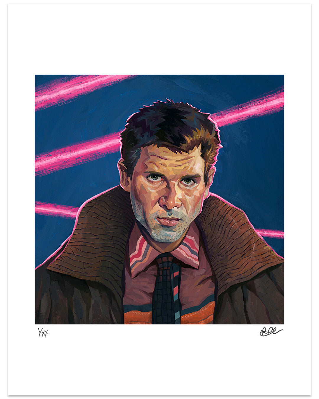 Rich Pellegrino portrait of Deckard from Blade Runner with dark blue background and bright pink line accents