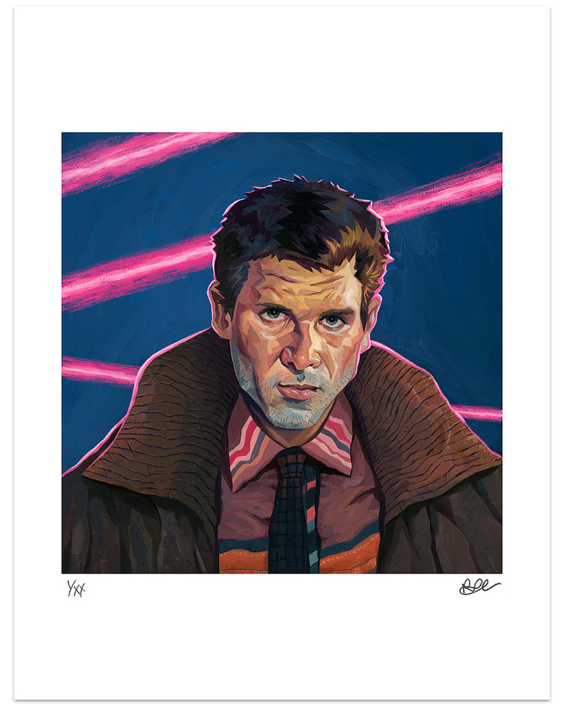 Rich Pellegrino portrait of Deckard from Blade Runner with dark blue background and bright pink line accents