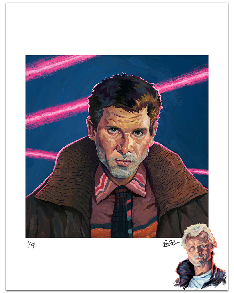 Rich Pellegrino portrait of Deckard from Blade Runner with dark blue background and bright pink line accents, hand-painted remarque in bottom right corner
