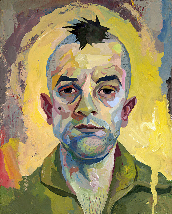 Rich Pellegrinos vibrant portrait showcases a short-haired figure with an upward spike, set against a dynamic backdrop of yellow, blue, and red swirls, reminiscent of the Spoke Art gallery ambiance.