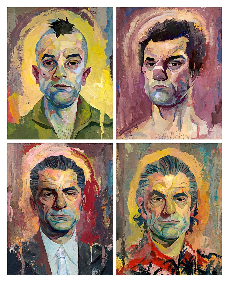 Four stylized portraits by Rich Pellegrino capture distinctive men in vivid colors, evoking a Martin Scorsese tribute. The warm hues of the top left and bottom right contrast with the cooler shades of the other two, each haloed image resembling a limited edition giclee print masterpiece.
