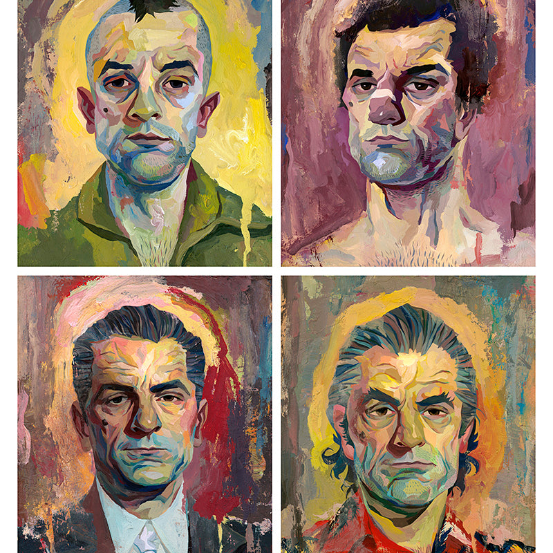 Four stylized portraits by Rich Pellegrino capture distinctive men in vivid colors, evoking a Martin Scorsese tribute. The warm hues of the top left and bottom right contrast with the cooler shades of the other two, each haloed image resembling a limited edition giclee print masterpiece.
