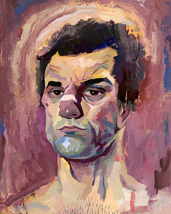 A vibrant Rich Pellegrino portrait of a dark, curly-haired man with a serious look and stubbled face. The backgrounds abstract pink and purple tones echo a Scorsese tribute, accentuating the bold brushstrokes and textured surface.