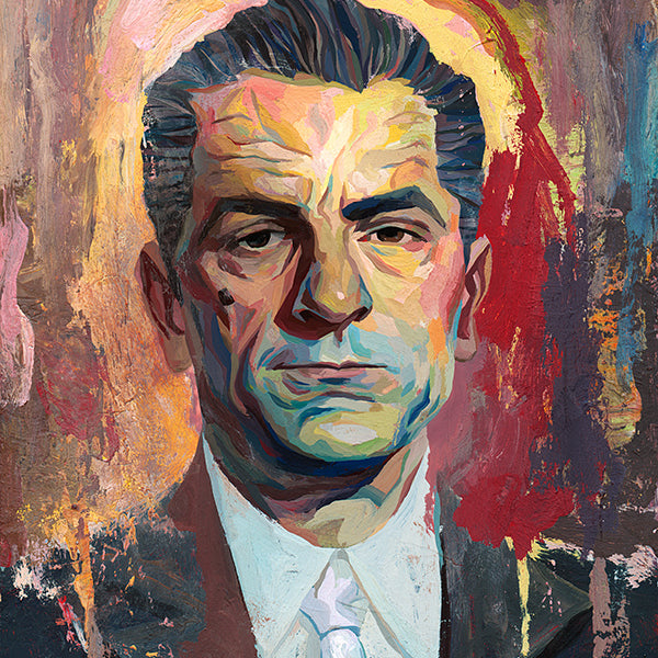 Rich Pellegrinos portrait features a serious man in a suit and tie, reminiscent of a Scorsese tribute. Bold brushstrokes with vibrant reds, yellows, and oranges create a dynamic textured background.