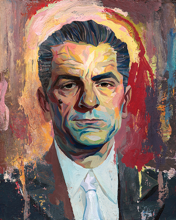 Rich Pellegrinos portrait features a serious man in a suit and tie, reminiscent of a Scorsese tribute. Bold brushstrokes with vibrant reds, yellows, and oranges create a dynamic textured background.