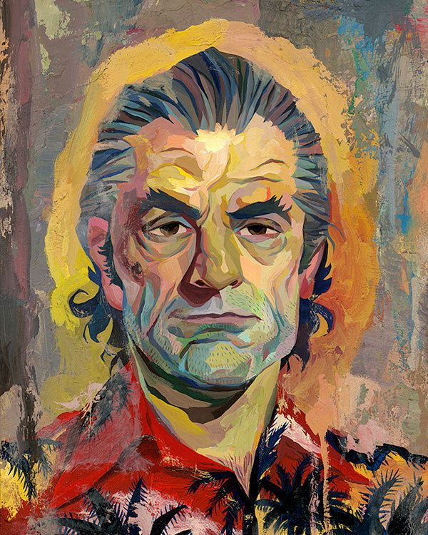 A vibrant painting featuring a man in a palm-patterned Hawaiian shirt with slicked-back hair captures the lively style of Rich Pellegrino. The abstract background blends warm and cool tones, echoing the dynamic vibrancy typical of Spoke Art gallery exhibits.