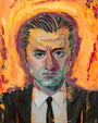 A vibrant abstract painting inspired by Rich Pellegrino depicts a serious man in a suit, contrasting the orange and yellow background with blues and purples on his face for a dramatic effect.