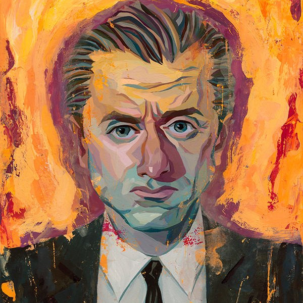 A vibrant abstract painting inspired by Rich Pellegrino depicts a serious man in a suit, contrasting the orange and yellow background with blues and purples on his face for a dramatic effect.