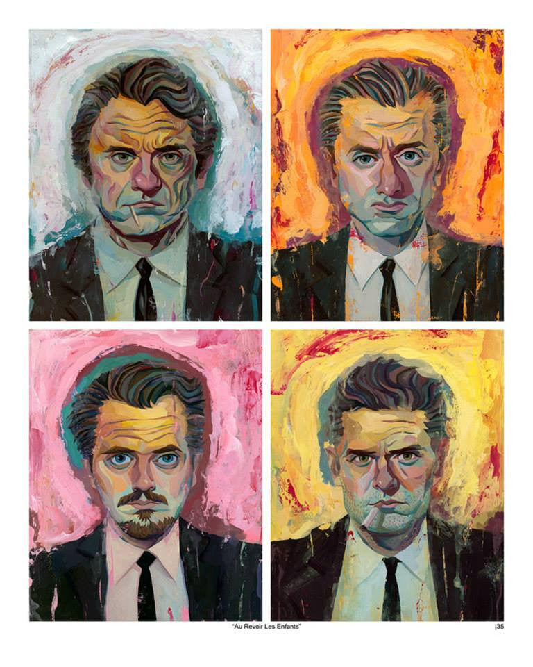Four expressive portraits depict a man in suits against colorful, abstract backgrounds reminiscent of Rich Pellegrinos style. Each portrays different emotions through bold colors and brushstrokes, from vibrant pinks to muted yellows and oranges, elegantly highlighting his facial features.