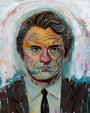 A stylized painting of a man with wavy hair and a serious expression in Rich Pellegrinos style, wearing a suit and tie. Colorful, textured brushstrokes form a vibrant background, capturing the essence of an Acryla Gouache masterpiece.