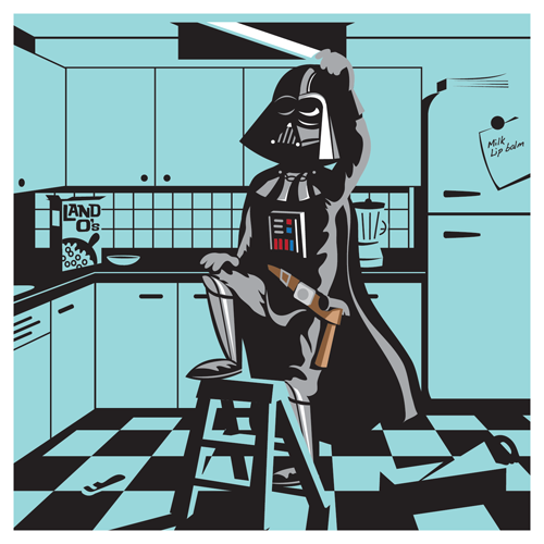Darth Off Duty wears a black cape and mask, kneels on a kitchen stool with a glowing stick, surrounded by checkered floors, Land Os cereal, and a Milk lip balm fridge note. This scene is offered as a Ridge fine art giclee print in a time release edition.