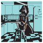 Darth Off Duty wears a black cape and mask, kneels on a kitchen stool with a glowing stick, surrounded by checkered floors, Land Os cereal, and a Milk lip balm fridge note. This scene is offered as a Ridge fine art giclee print in a time release edition.